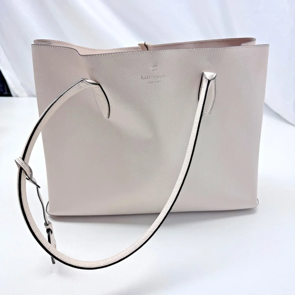 Kate Spade Harper Large Leather Tote Bag Parchment White Grey 15
